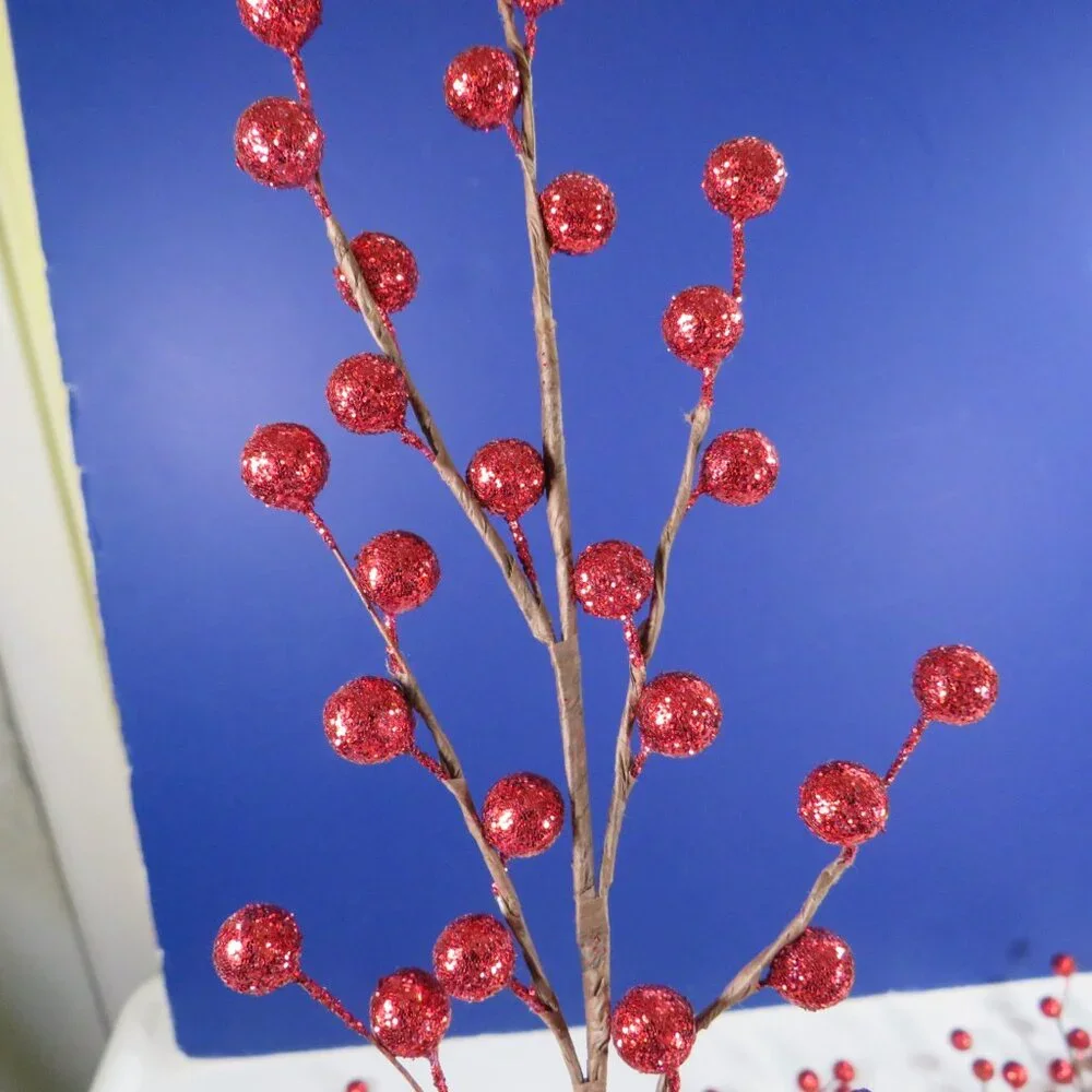 Red Floral (8) Stem Glitter Berries Faux Floral Picks